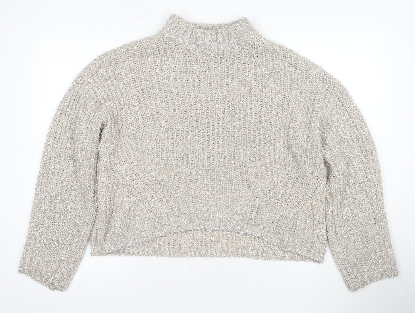 Pieces Women's Grey High Neck Chunky Knit Pullover L