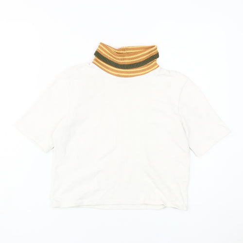 Zara Women's White T-Shirt with Knit Collar Size M