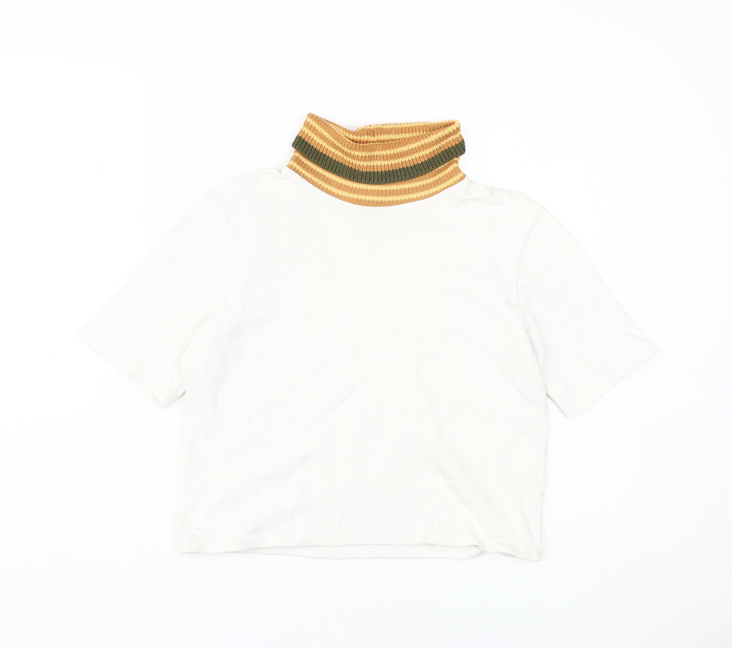 Zara Women's White T-Shirt with Knit Collar Size M