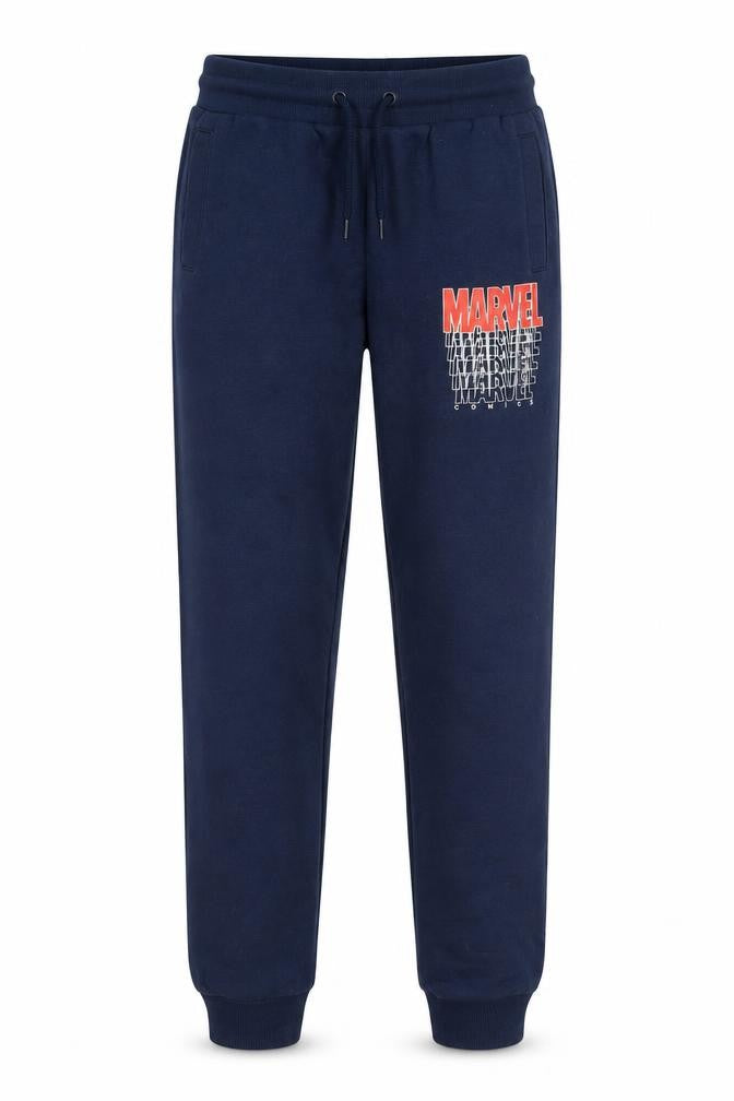 Front view of Marvel boys’ blue jogger trousers, 11-12 years, comics, elastic waist