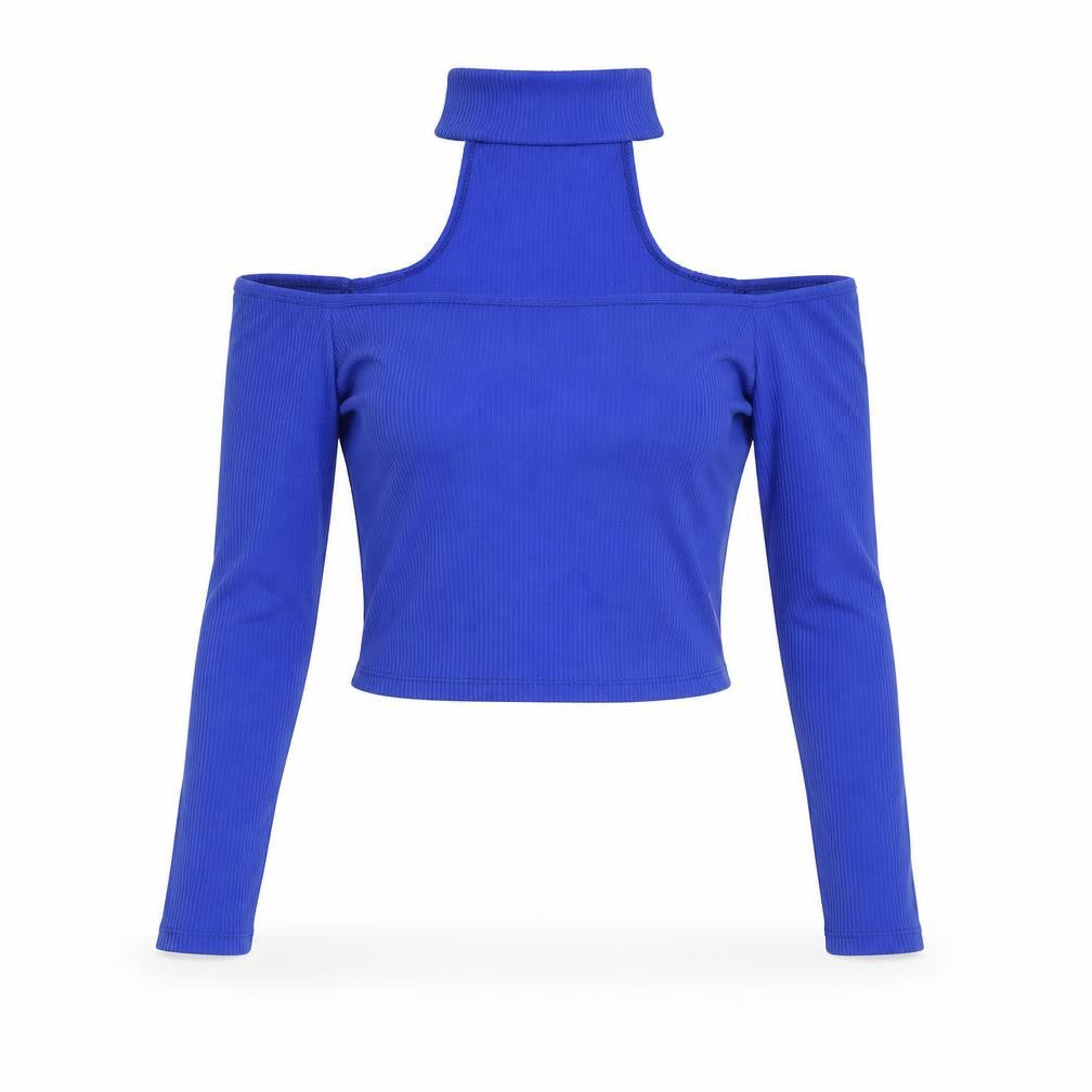 Front view of Bershka Women's Blue Cropped Knit Top, XS
