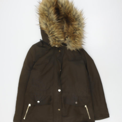 Zara Women's XS Brown Parka Jacket with Fur Trim