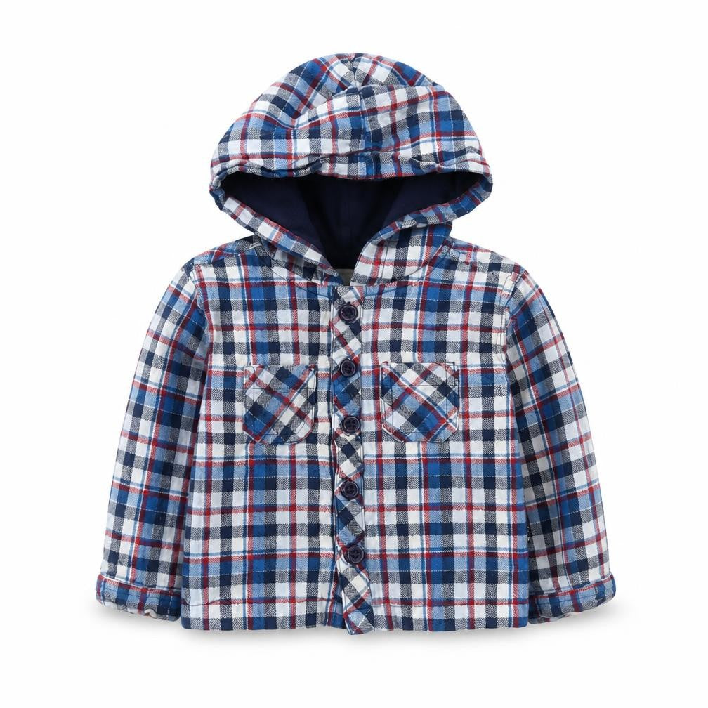Front view of JoJo Maman Bébé boys’ plaid shirt jacket 6-12m multicoloured