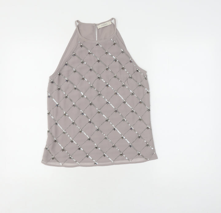 Oasis Women's Grey Beaded High Neck Sleeveless Blouse