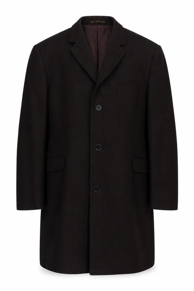 Front view of Cornelius George Men's Black Wool Mid-Length Overcoat 42R