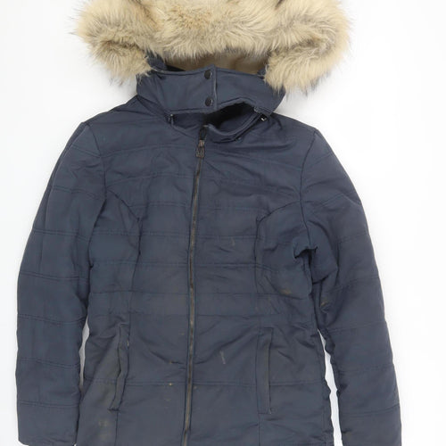 Weird Fish Women's Blue Puffer Jacket Size 8 with Hood