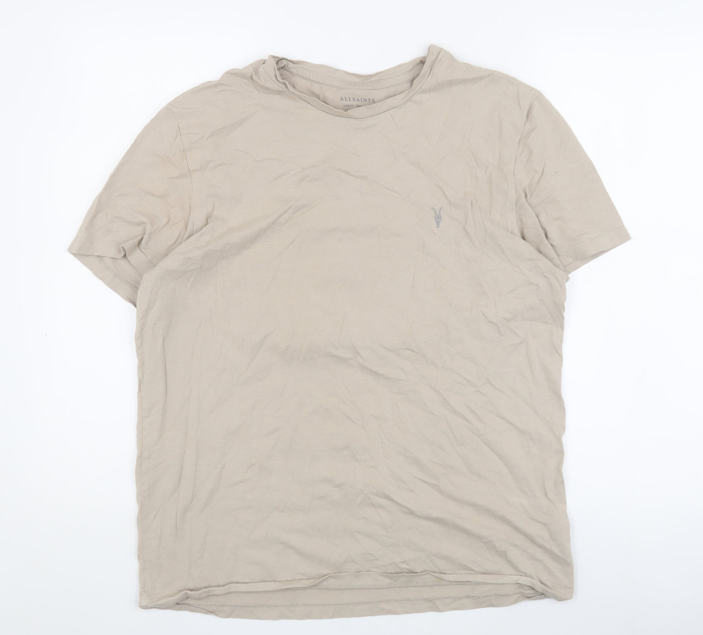 AllSaints Men's Beige Cotton T-Shirt, Size L, Crew Neck