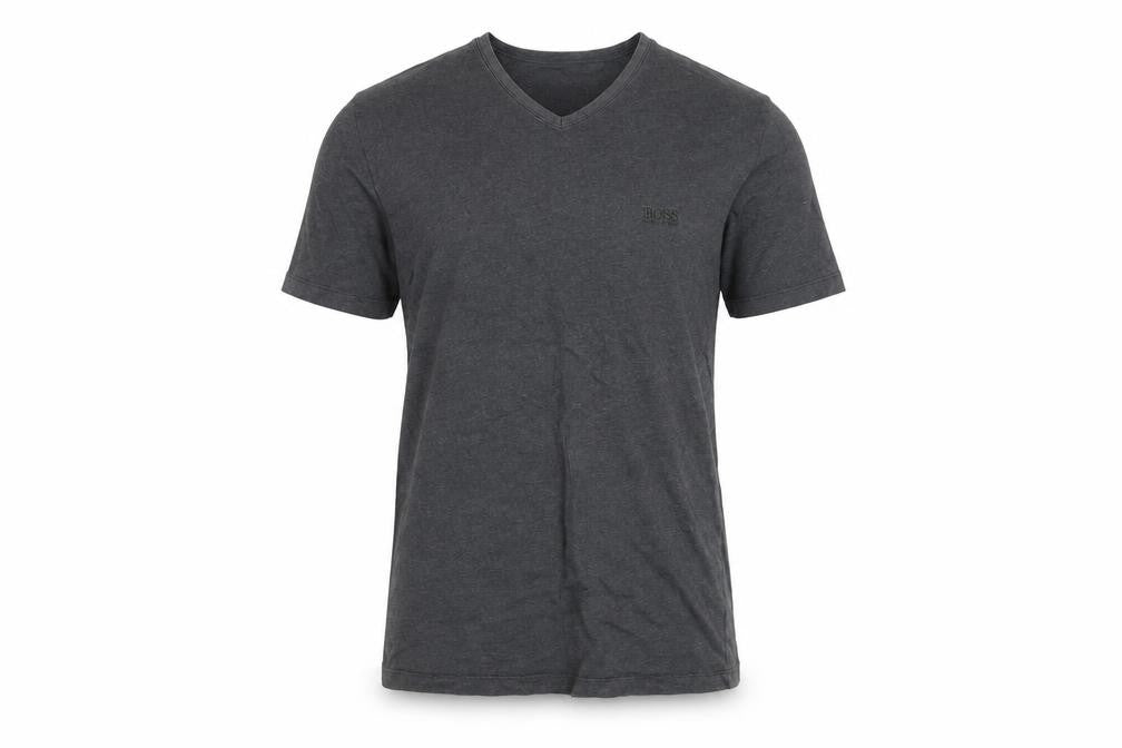 Front view of Hugo Boss Men's Grey Cotton V-Neck T-Shirt, size S