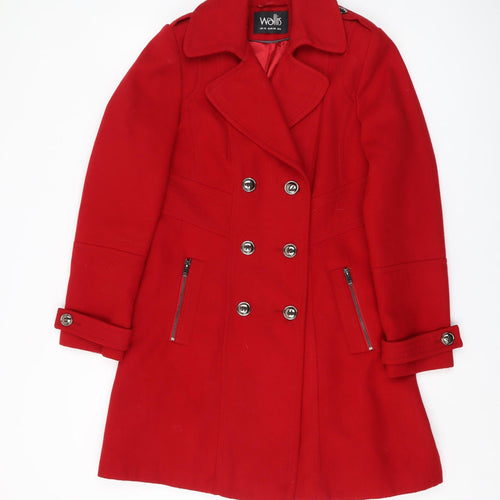 Wallis Women's Red Mid-Length Pea Coat, Size 10, Button Accents