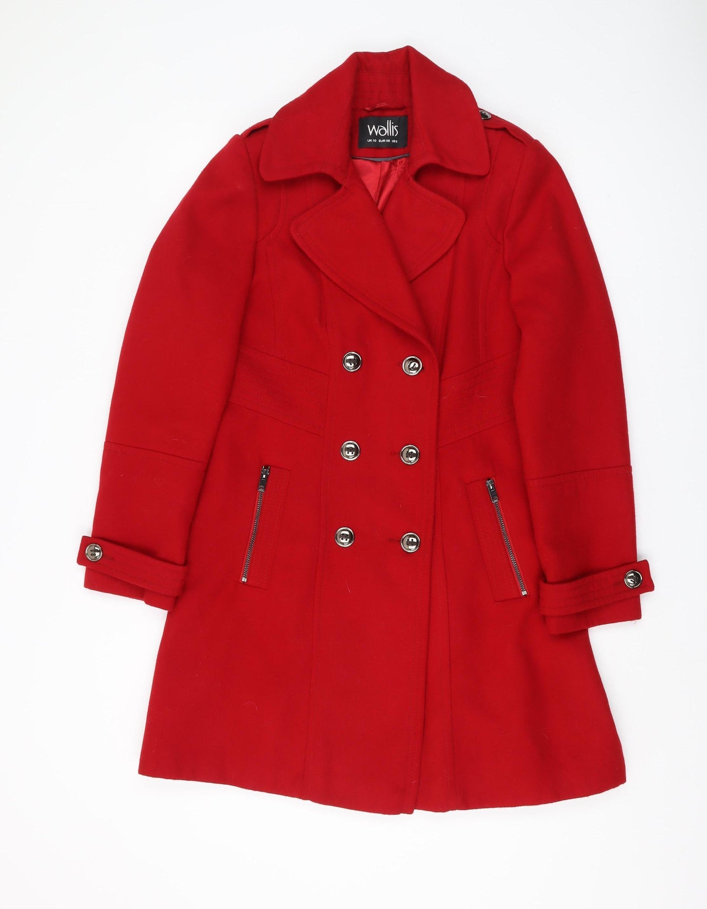 Wallis Women's Red Mid-Length Pea Coat, Size 10, Button Accents