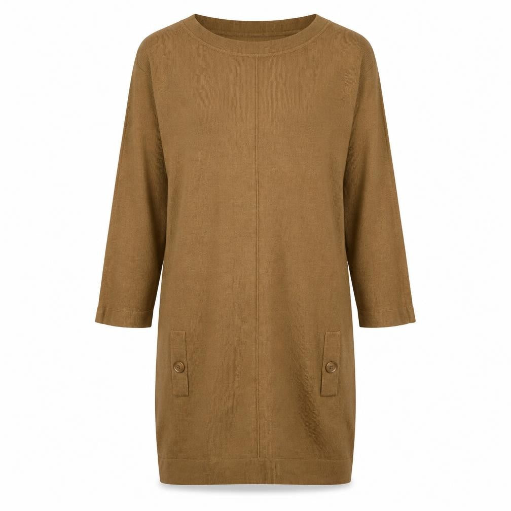 Front view of Wallis Women's Brown Jumper Dress, size S, 3/4 Sleeve