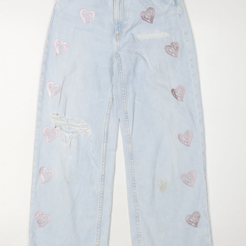 H&M Girls Blue Wide-Leg Jeans 10-11 Years with Heart Accents
