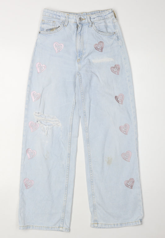 H&M Girls Blue Wide-Leg Jeans 10-11 Years with Heart Accents
