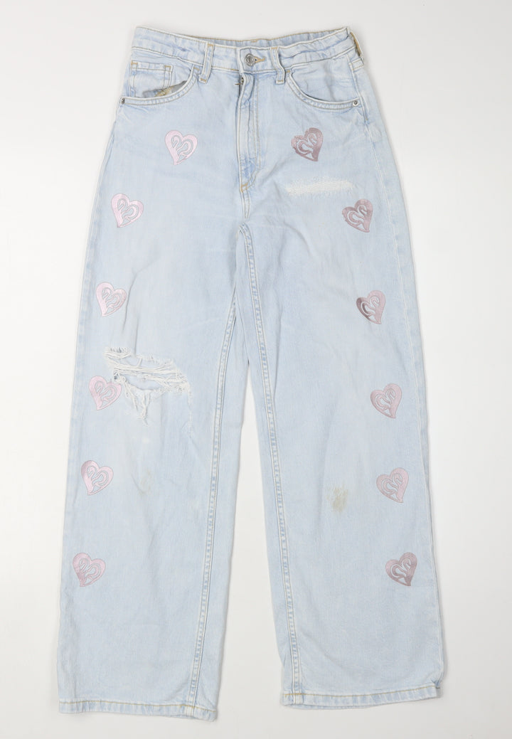 H&M Girls Blue Wide-Leg Jeans 10-11 Years with Heart Accents