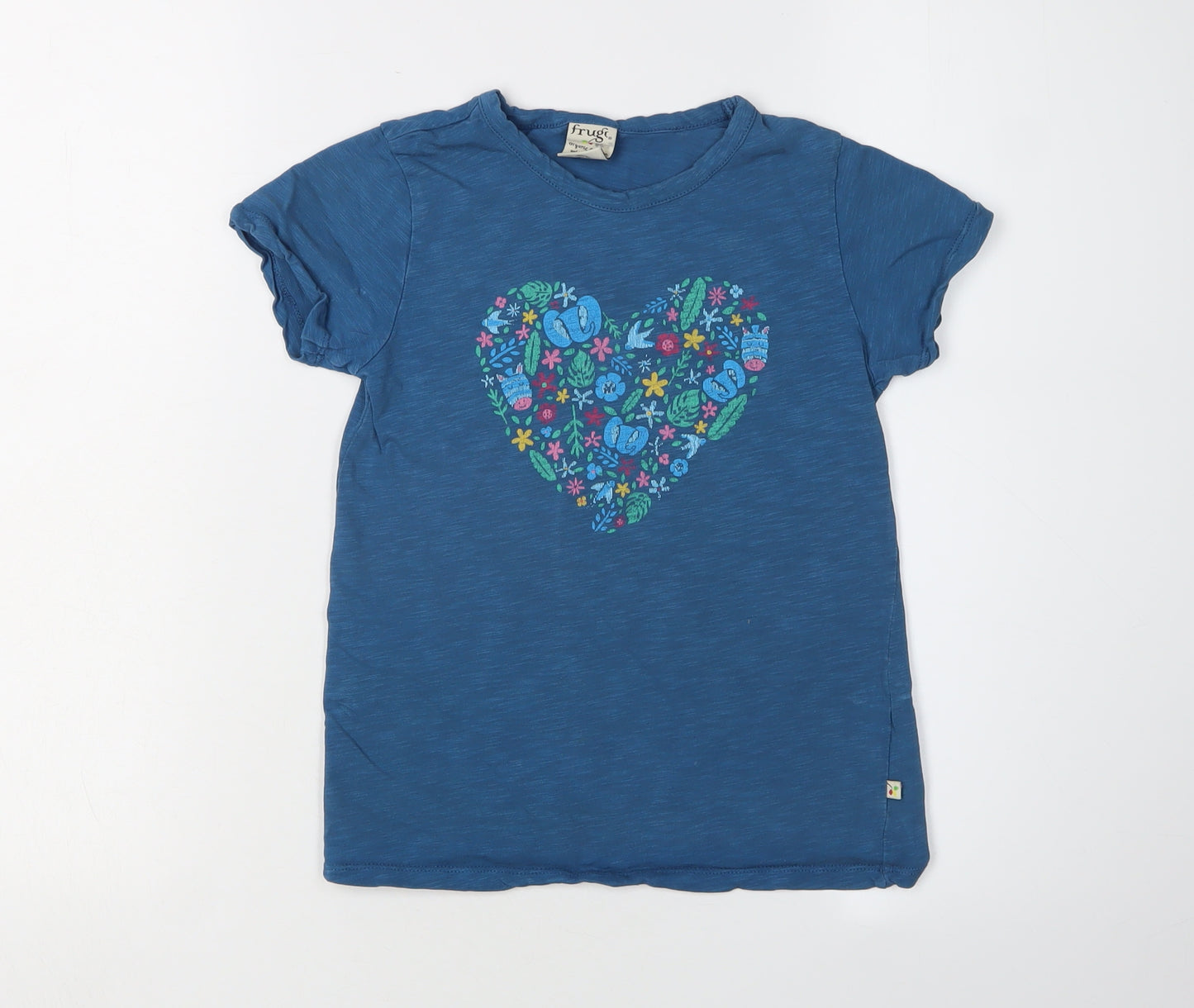 Frugi Girls Blue T-Shirt 7-8 Years Floral Graphic Print