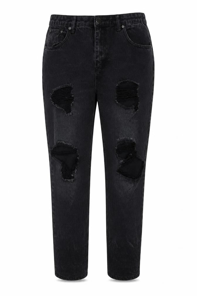 Front view of PRETTYLITTLETHING Women's Black Distressed Straight Jeans, size 16