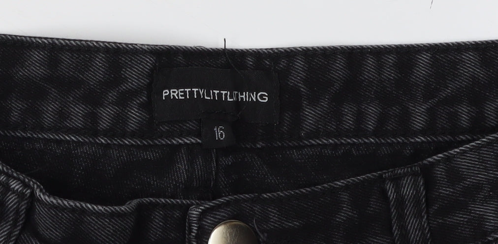 PrettyLittleThing Women's Black Distressed Straight Jeans Size 16