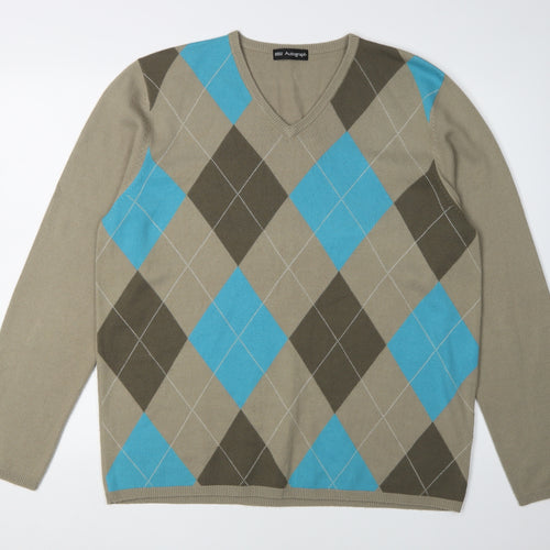 Marks and Spencer Men's Beige Argyle Pullover Jumper L