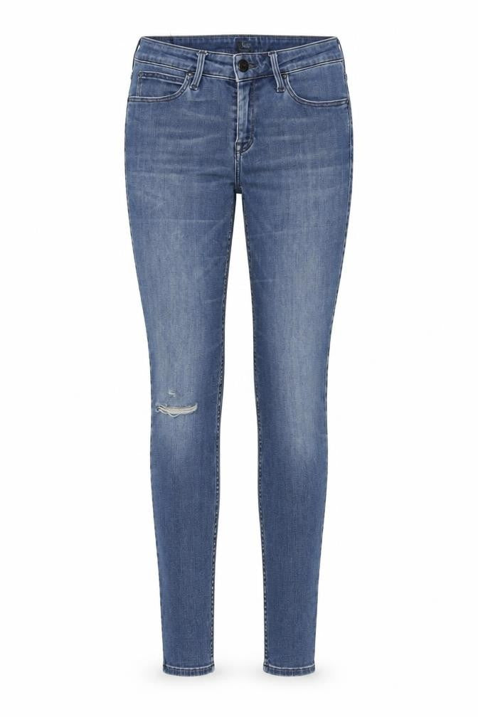 Front view of Lee Women's Blue Skinny Jeans, size 10, Distressed Denim