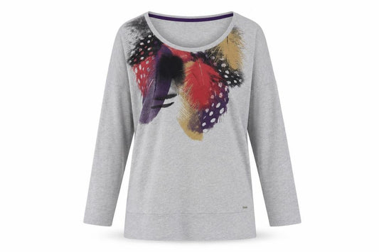 Front view of Animal Women's Grey Feather Print T-Shirt, size 12