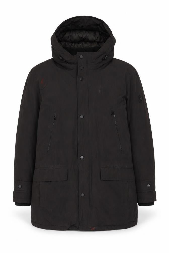 Front view of Michael Kors Men's Black Parka Jacket L - Hooded, Pockets