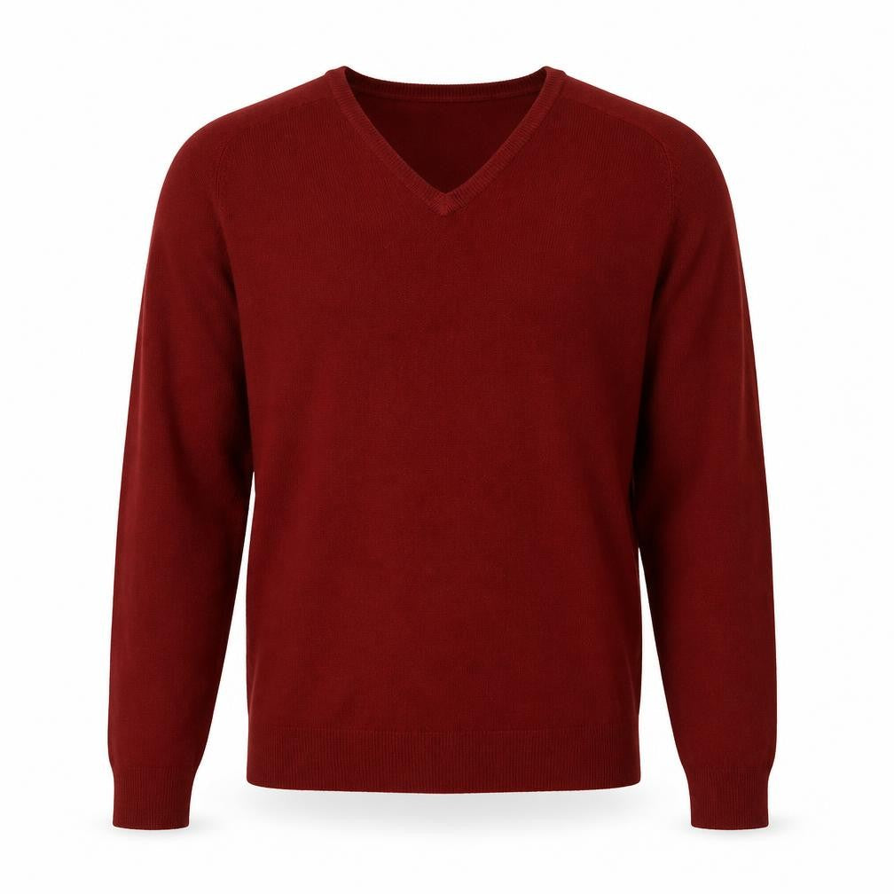 Front view of Guise Men's Red V-Neck Acrylic jumper, M