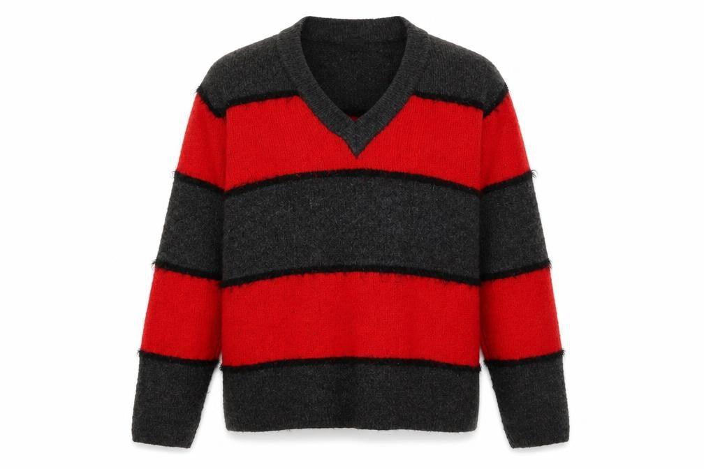 Front view of JACQUELINE de YONG Women's Black Red V-Neck Pullover S