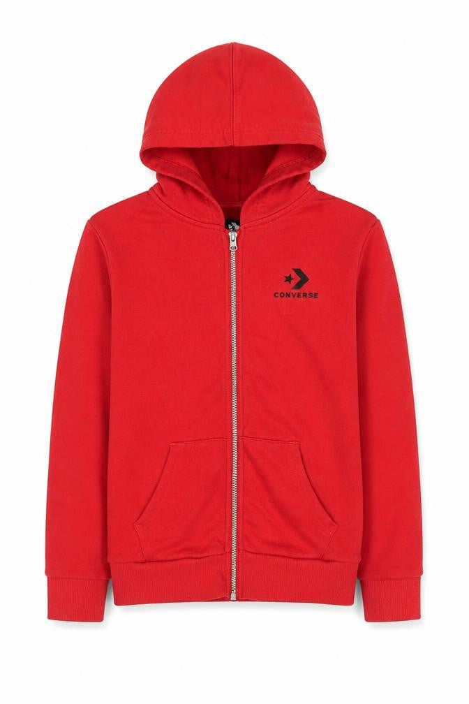 Front view of Converse boys’ red full zip hoodie, size 12-13, years