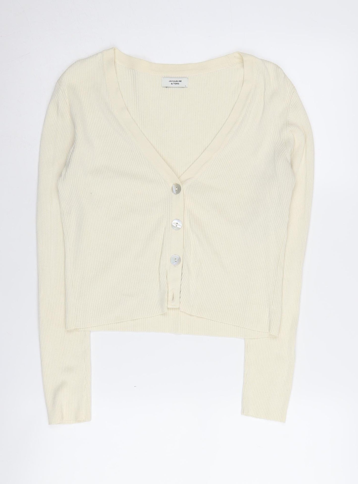 Jacqueline de Yong Women's Ivory V-Neck Cardigan L