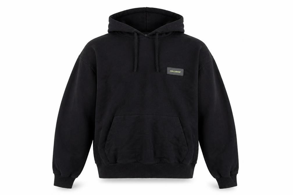 Front view of Collusion Men's Black Pullover Hoodie M with Logo