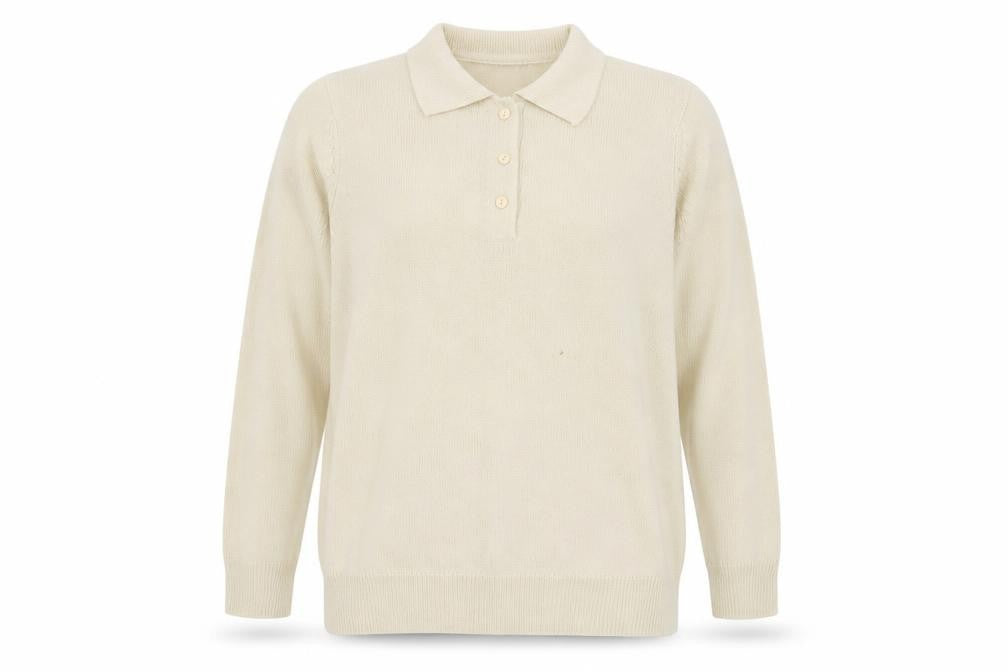 Front view of Damart Women's Beige Wool Collared Cardigan, size 18