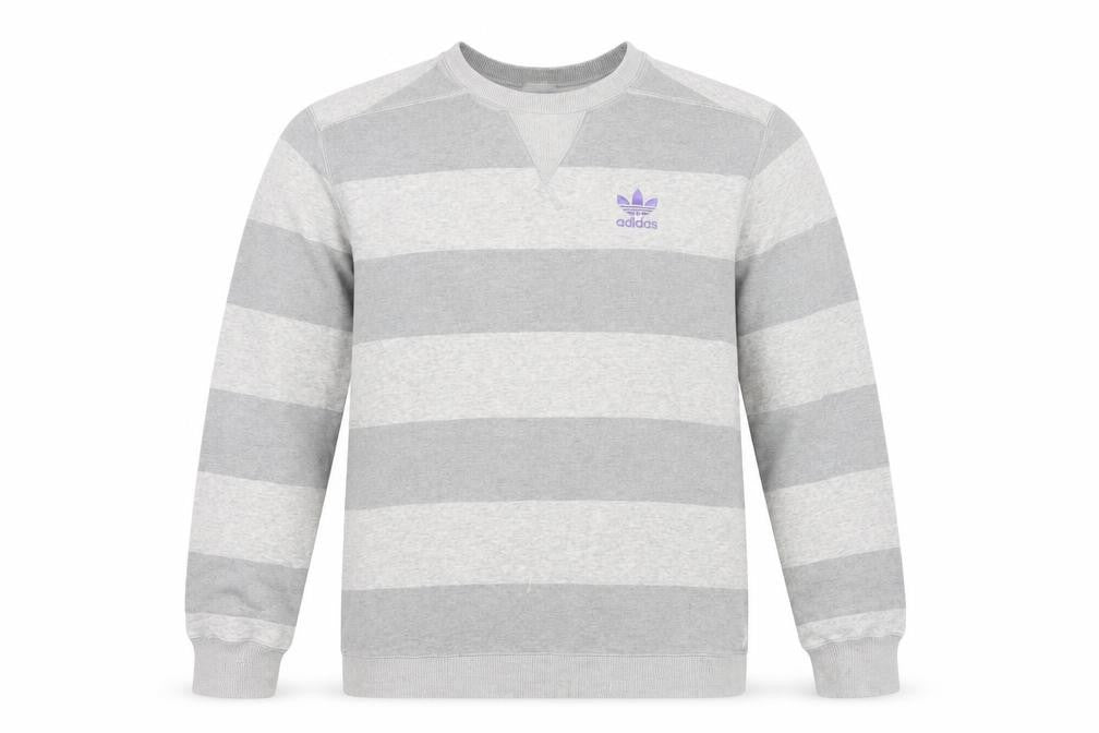 Front view of Adidas Men's Grey Striped Pullover Sweatshirt, size S