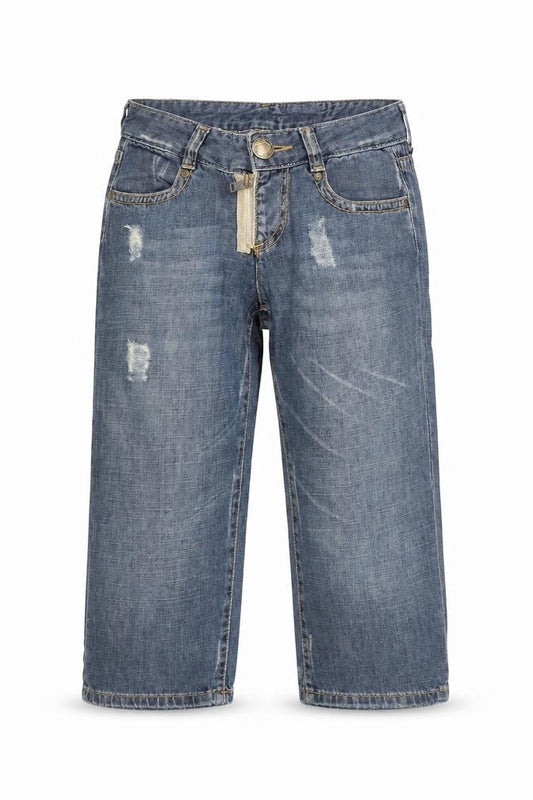 Front view of Calvin Klein Women's Blue Cropped Jeans, size 27, Distressed
