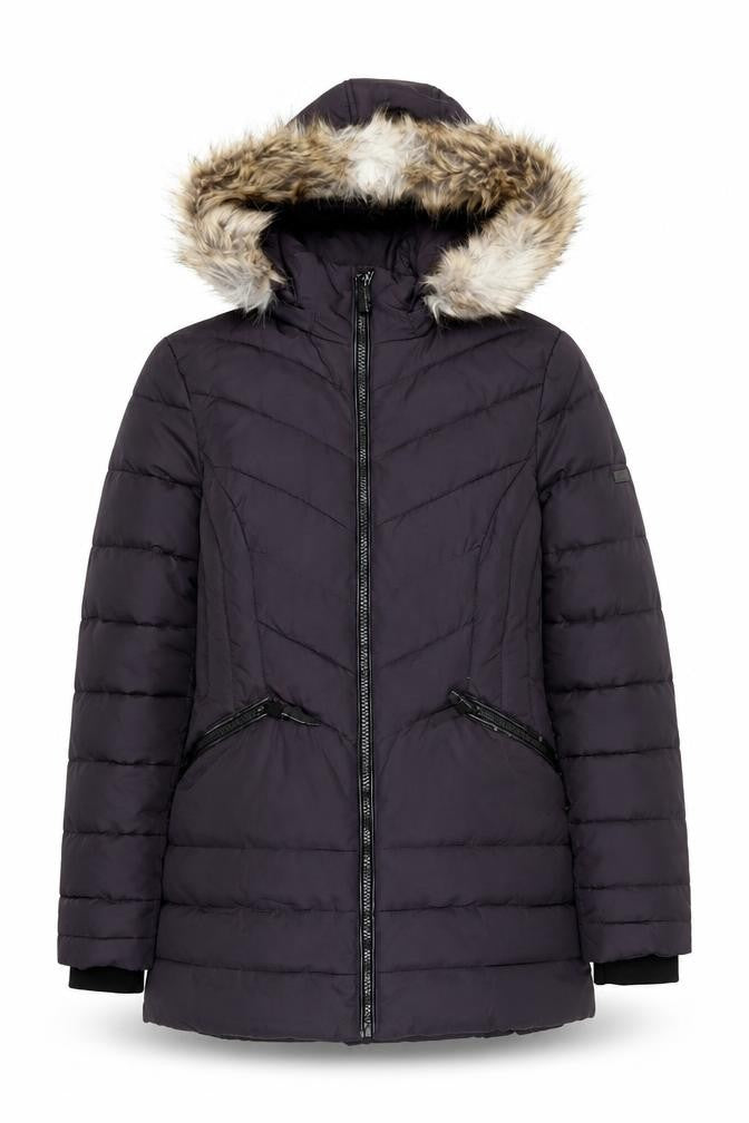 Front view of Centigrade Women's Black XS Puffer Jacket with Fur Trim
