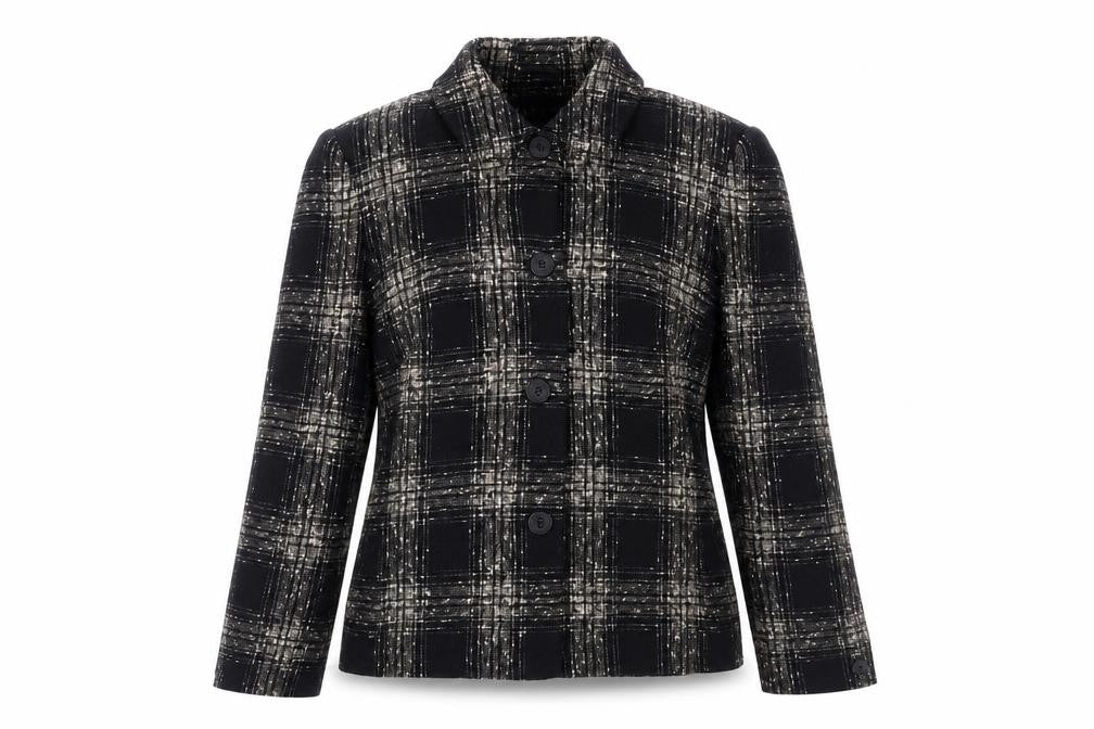 Front view of Alexon Women's Black Wool Blend Checked Blazer, size 10