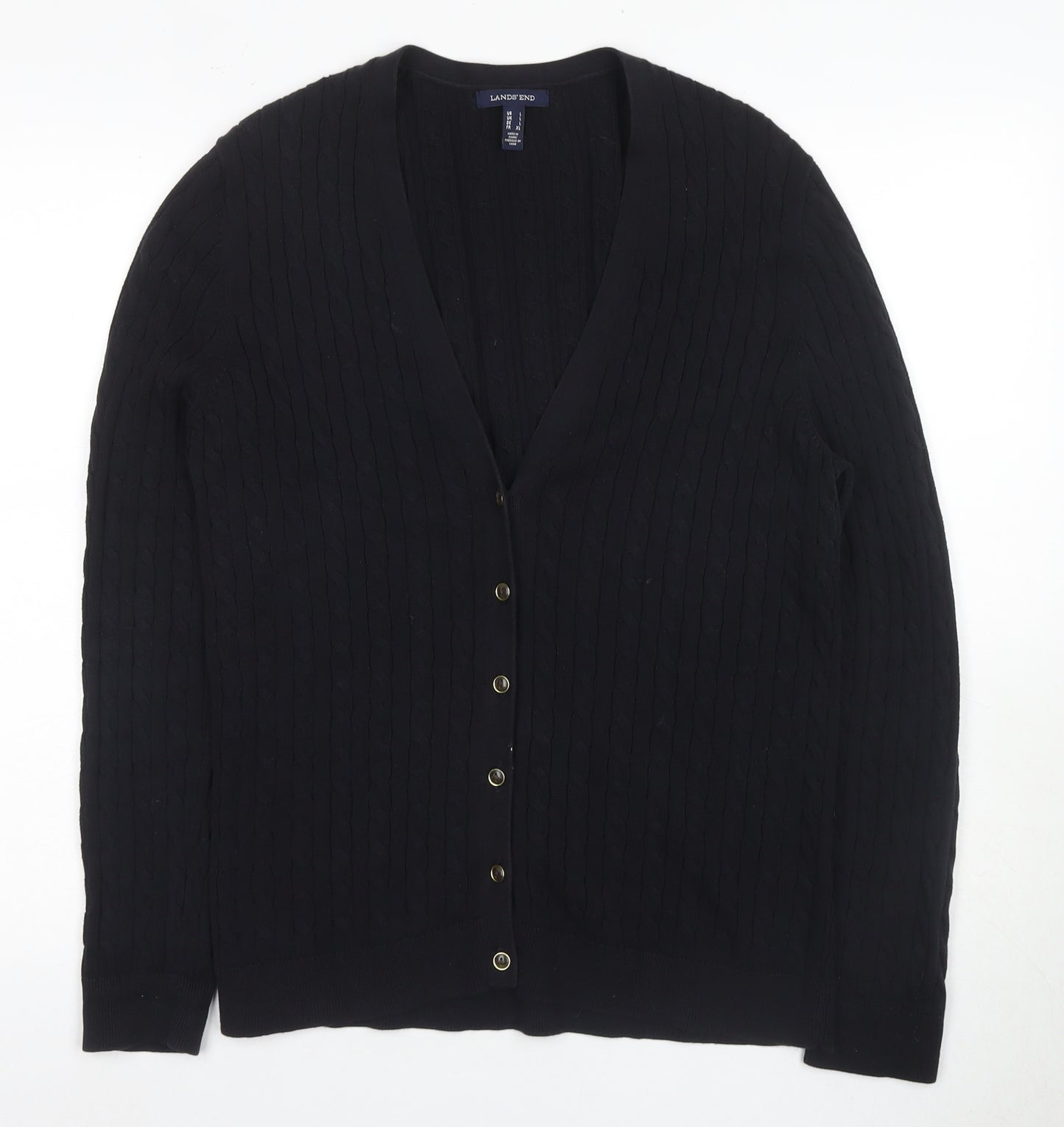 Lands' End Women's Black Cardigan L Cotton Knit