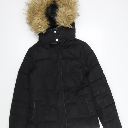Warehouse Women's Black Puffer Jacket, Size 8, Hooded