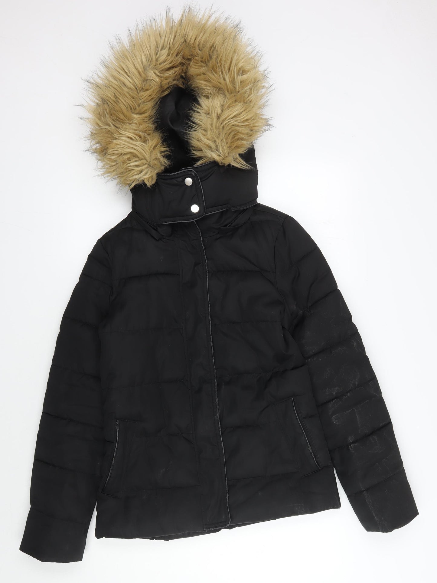 Warehouse Women's Black Puffer Jacket, Size 8, Hooded