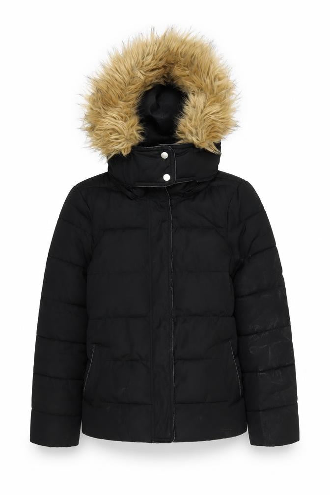 Front view of Warehouse Women's Black Puffer Jacket, size 8, Hooded