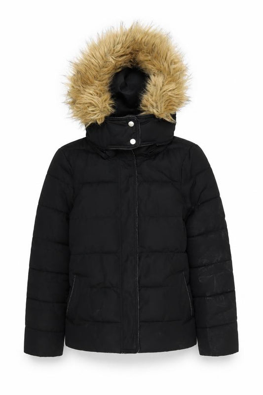 Front view of Warehouse Women's Black Puffer Jacket, size 8, Hooded