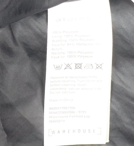 Warehouse Women's Black Puffer Jacket, Size 8, Hooded