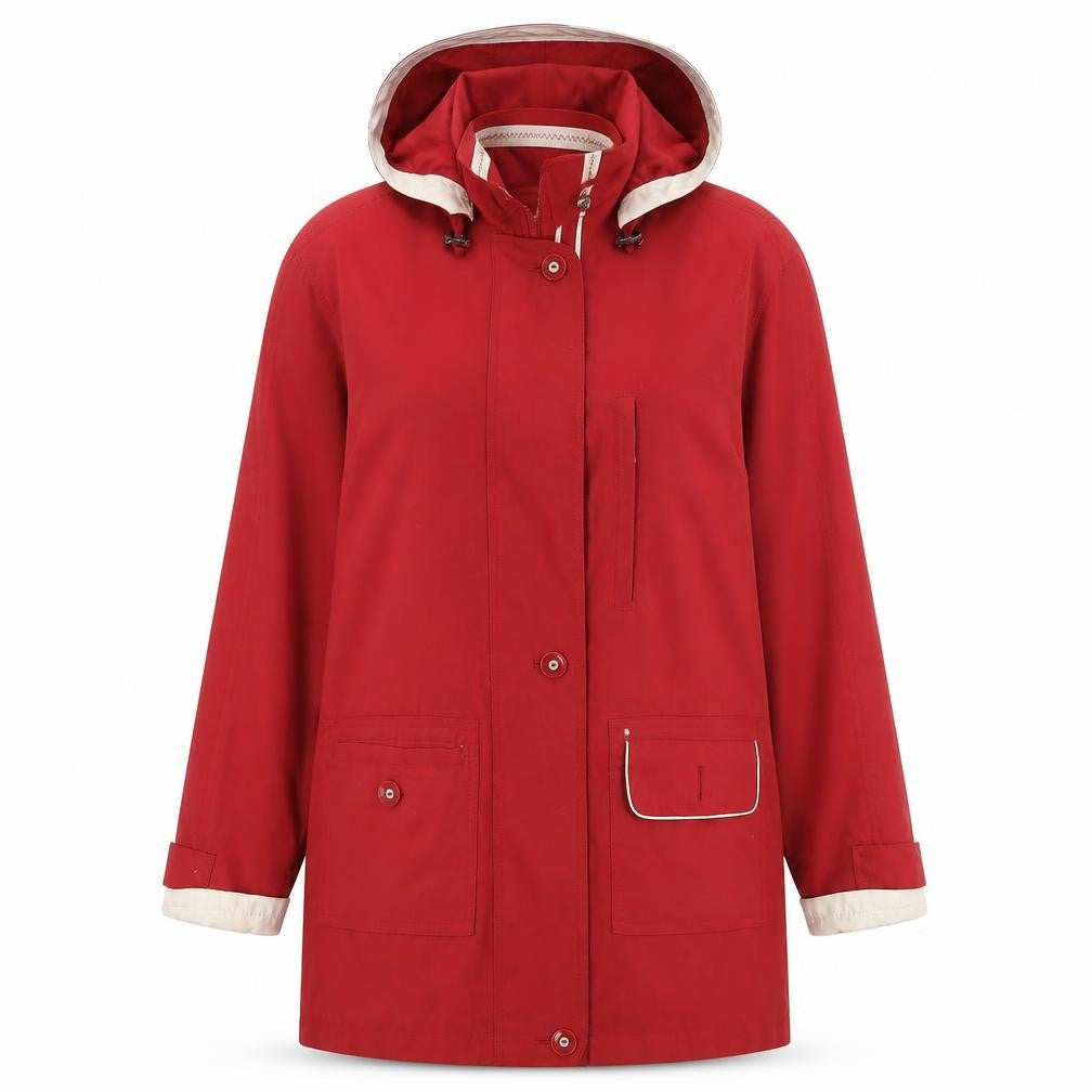 Front view of Berketex Women's Red Hooded Jacket, size 10