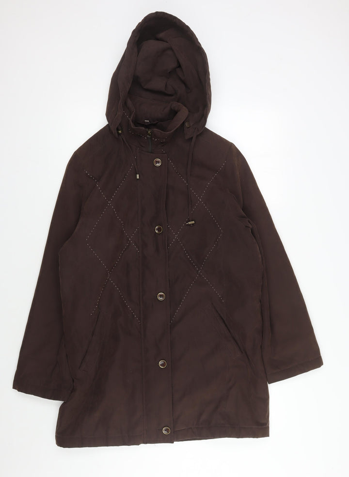 Kuss Women's Brown Rain Coat, Hooded, Long, Size L