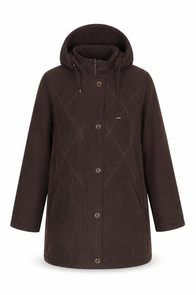 Front view of Kuss Women's Brown Rain Coat, Hooded, Long, size L