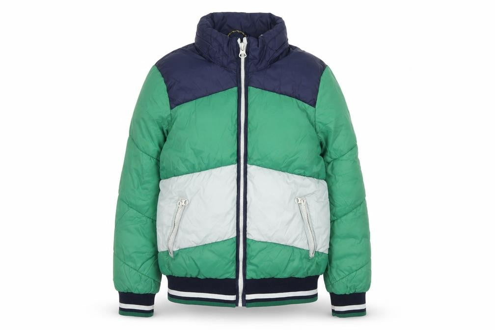 Front view of Scotch & Soda boys’ green colourblock puffer jacket, size 12