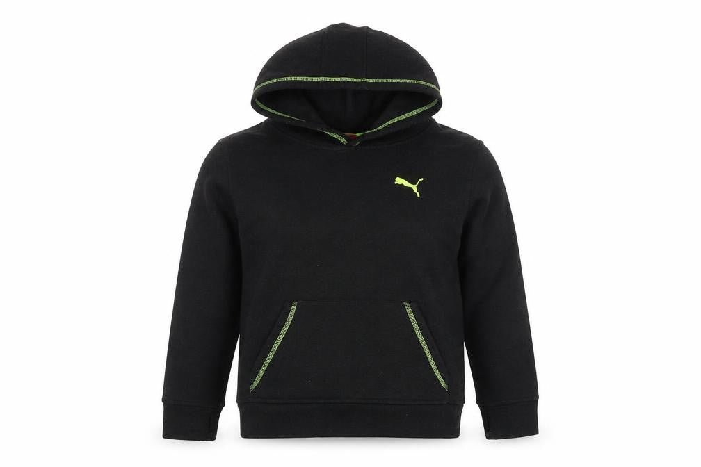 Front view of Puma boys’ black hoodie 6-7 years logo pullover jersey