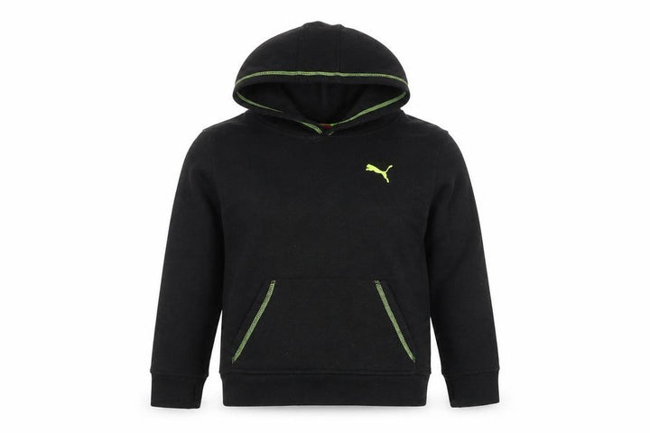 Front view of Puma boys’ black hoodie 6-7 years logo pullover jersey