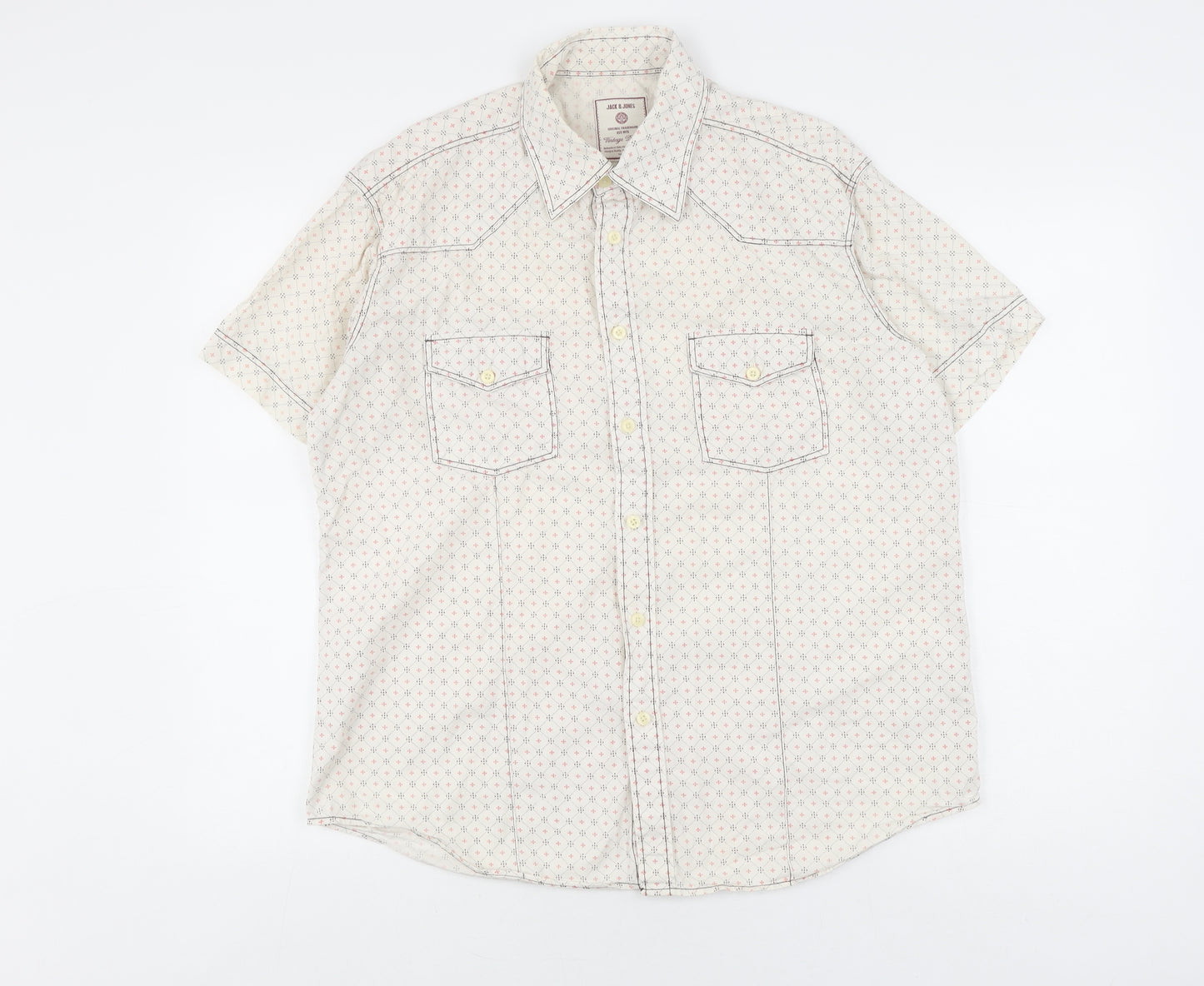 Jack & Jones Men's L White Geometric Short Sleeve Shirt