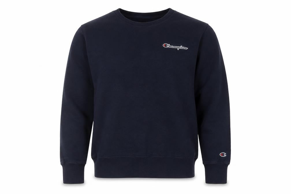 Front view of Champion Blue unisex sweatshirt small pullover logo