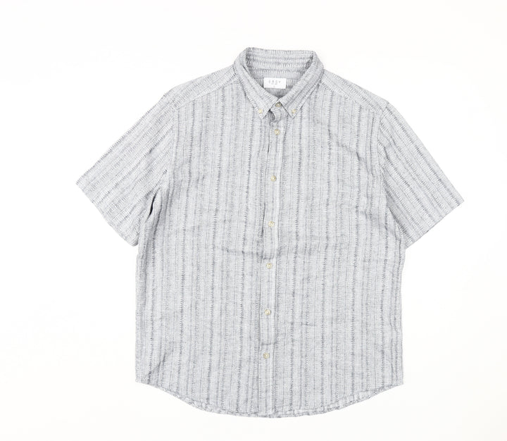Easy Men's Grey Striped Short Sleeve Shirt L